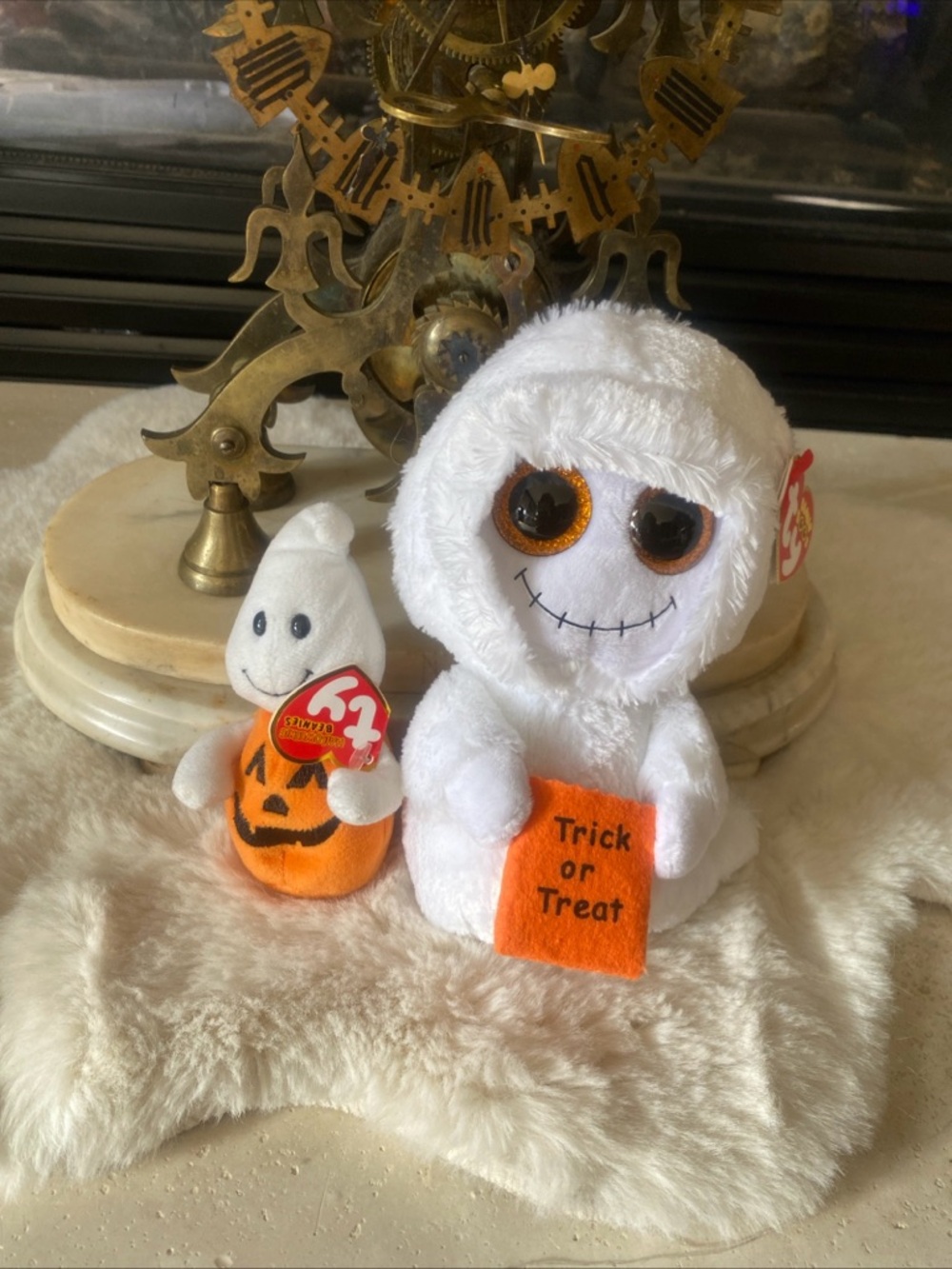 Ty Beanie Baby Halloween Ghost MIST + Halloweenie Beanie Ghostkin w/tags